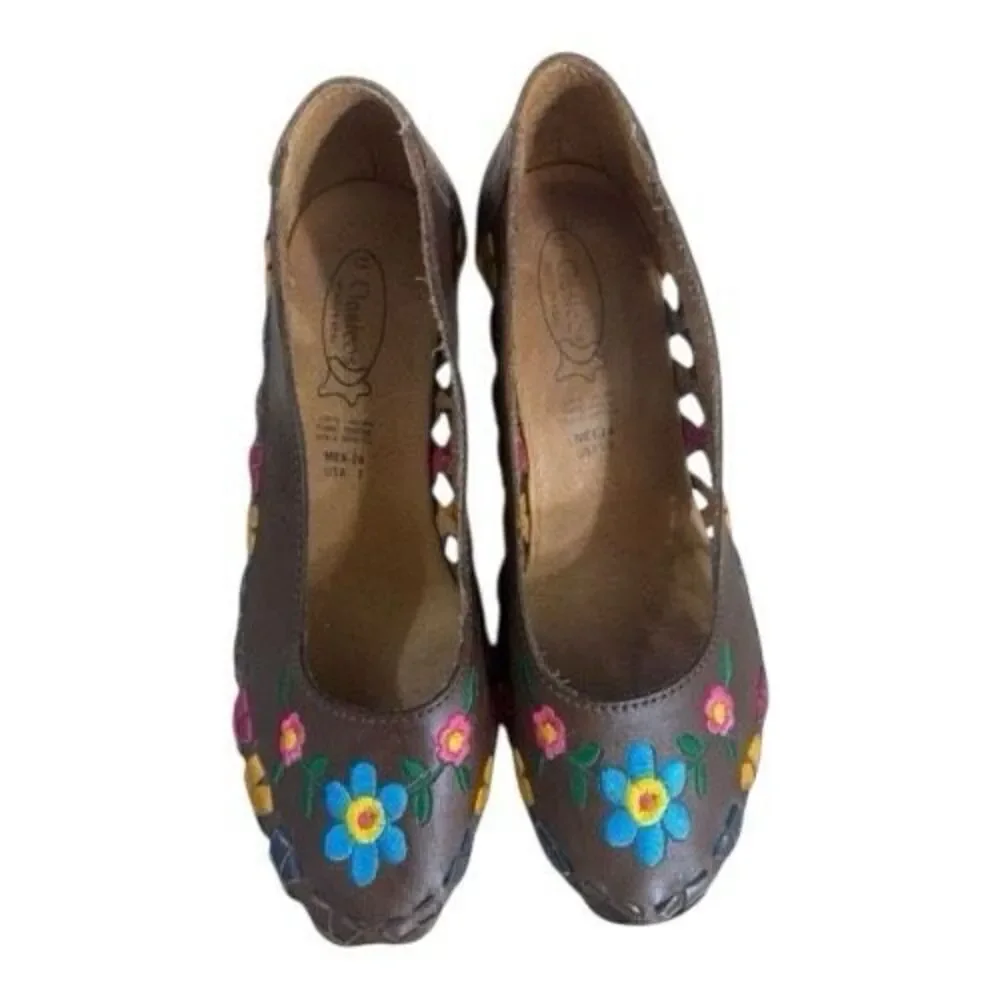 Handmade Leather Huarache Wedge Size 7 Brown Floral Embroidered Mexico Heels